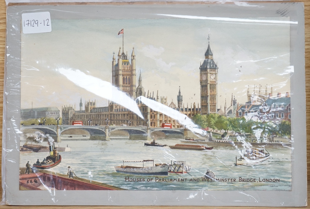 Frank Ernest Quinton (20th. C), a set of five original watercolours for postcard designs, London scenes comprising; ‘Houses of Parliament’, ‘Trafalgar Square’, ‘Westminster Abbey’, ‘Tower of London’ and ‘Horseguards, Whi